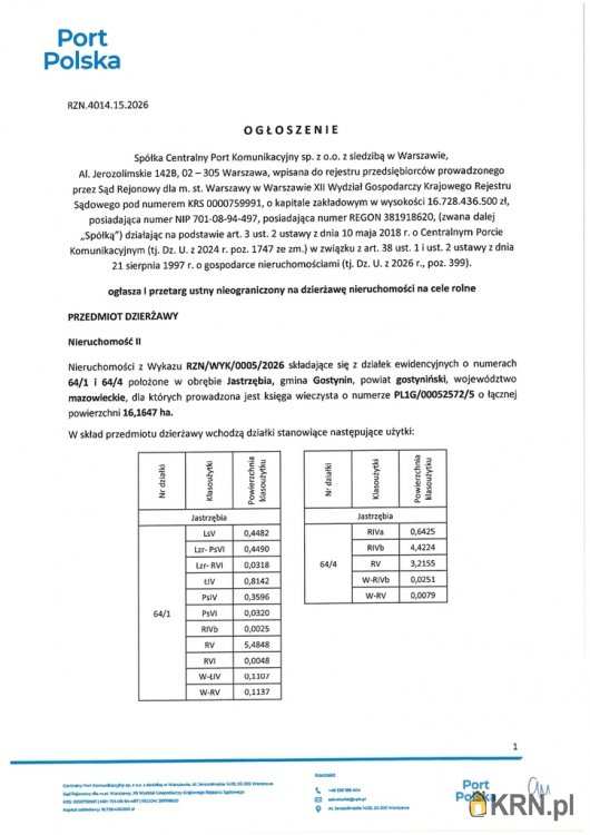 Działki  do wynajęcia, Jastrzębia, ul. , 