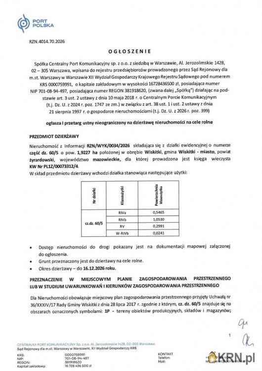 Działki  do wynajęcia, Wiskitki, ul. , 