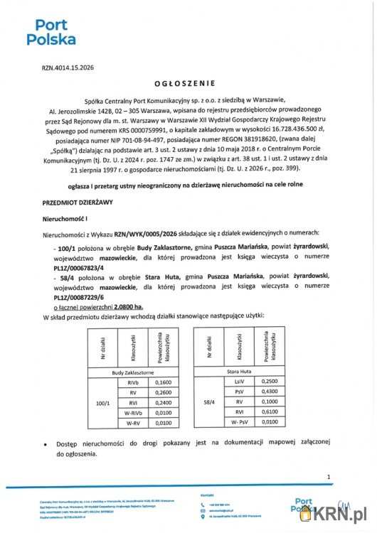 Działki  do wynajęcia, Puszcza Mariańska, ul. , 