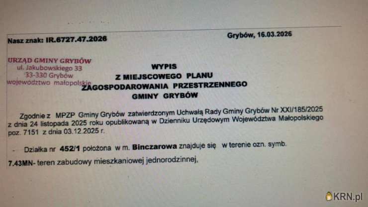 Binczarowa, ul. , , Działki  na sprzedaż