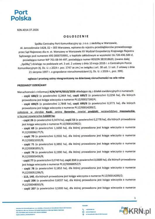 Działki  do wynajęcia, Baranów, ul. , 