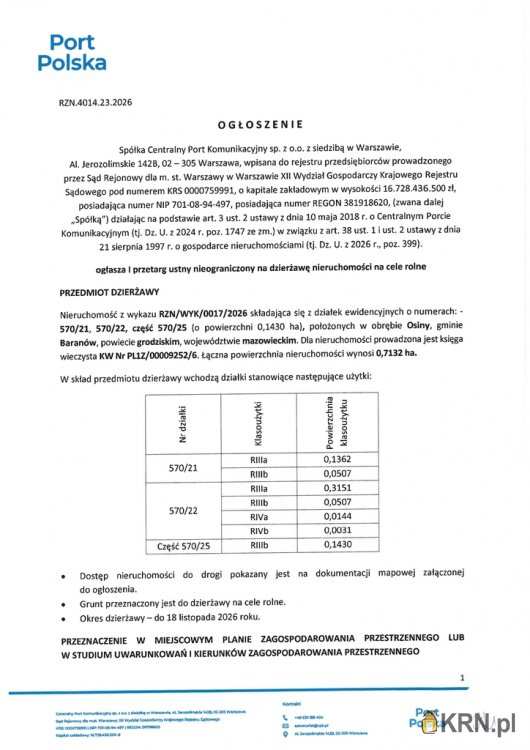 Działki  do wynajęcia, Osiny, ul. , 