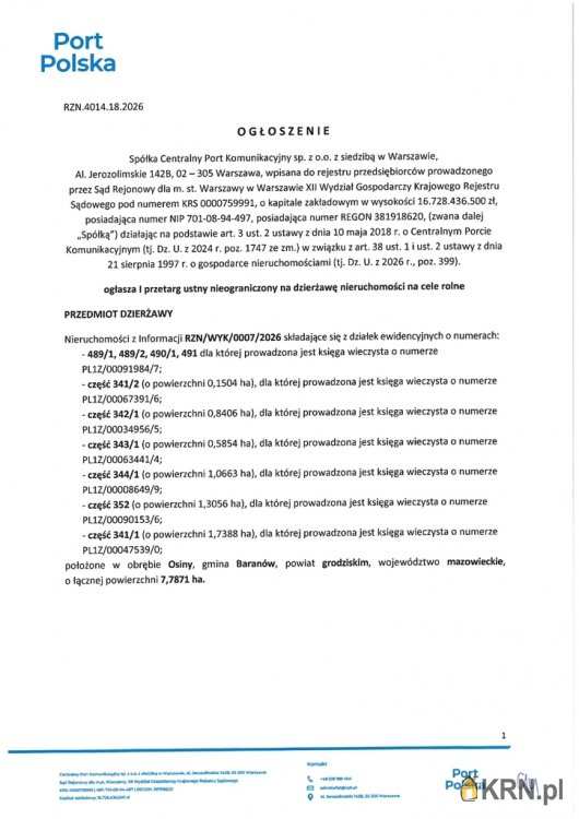 Działki  do wynajęcia, Osiny, ul. , 