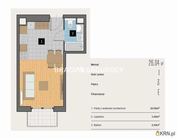 Kraków, Krowodrza, ul. Kijowska, 1 pokojowe, Mieszkanie  na sprzedaż