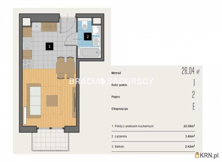 Kraków, Krowodrza, ul. Kijowska, 1 pokojowe, Mieszkanie  na sprzedaż