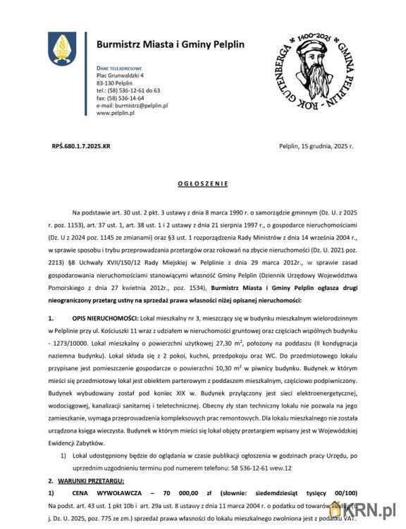 Mieszkanie  na sprzedaż, Pelplin, ul. , 2 pokojowe