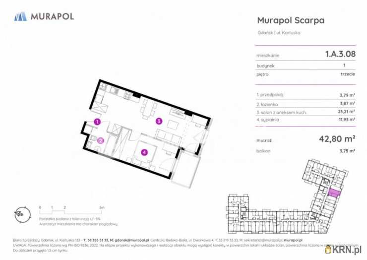 Mieszkanie  na sprzedaż, 2 pokojowe, Gdańsk, Siedlce, ul. Kartuska